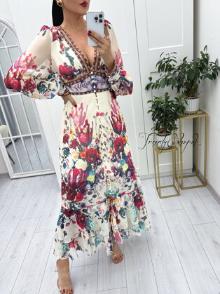 Dlhé šifónové šaty s kvetinovou potlačou a gombíkmi - maslovo-bordové A1509